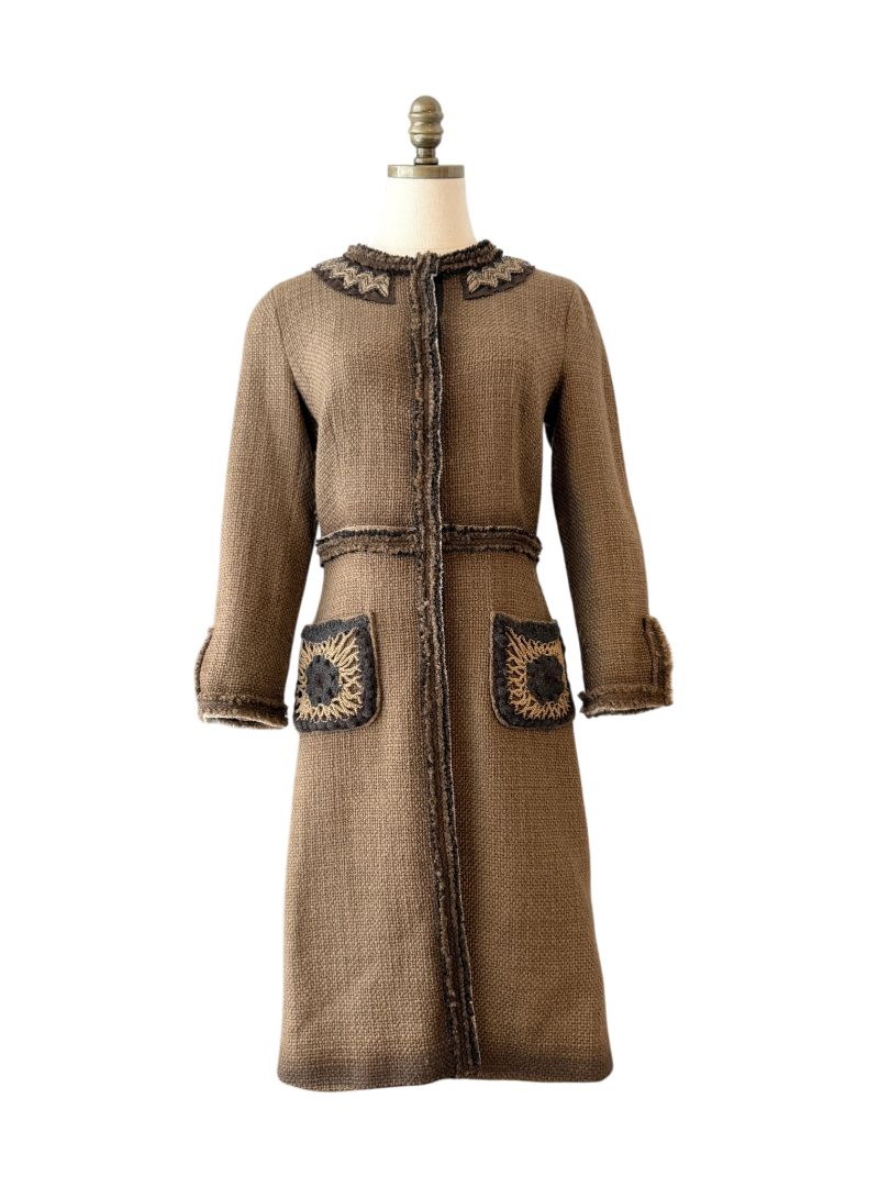 2005 Prada Embellished Wool Tweed 3/4 Coat with Beaded Neckline