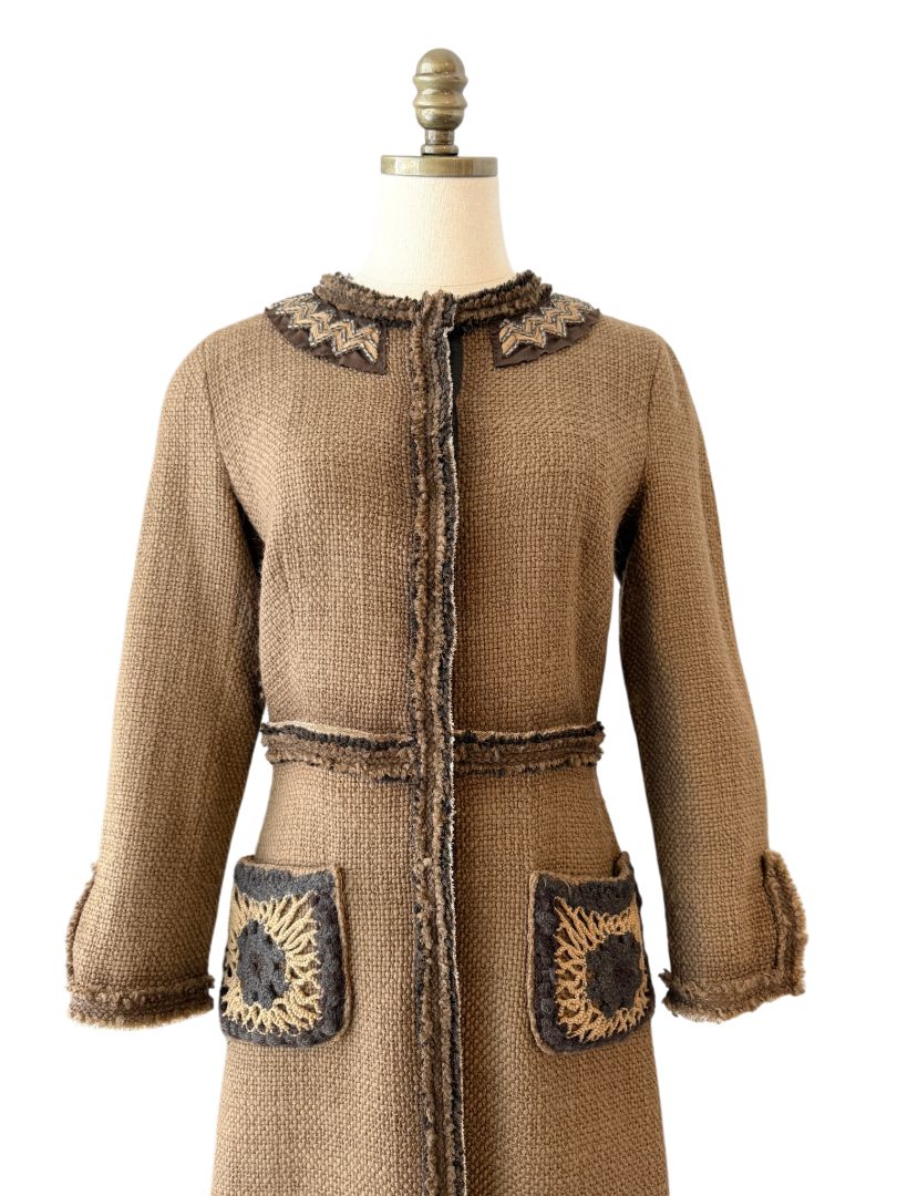 2005 Prada Embellished Wool Tweed 3/4 Coat with Beaded Neckline