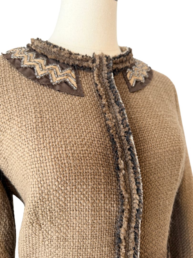 2005 Prada Embellished Wool Tweed 3/4 Coat with Beaded Neckline