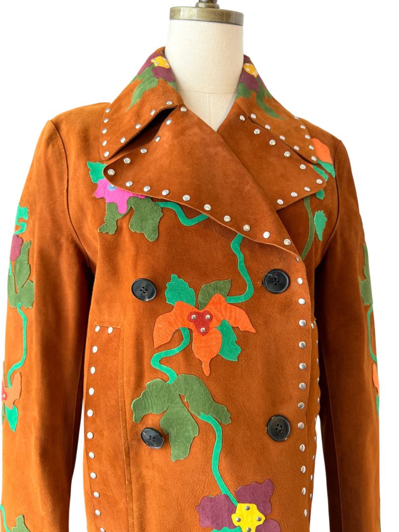 Floral & Peacock Appliqué Suede Statement Coat with Stud Trim by Valentino Garavani