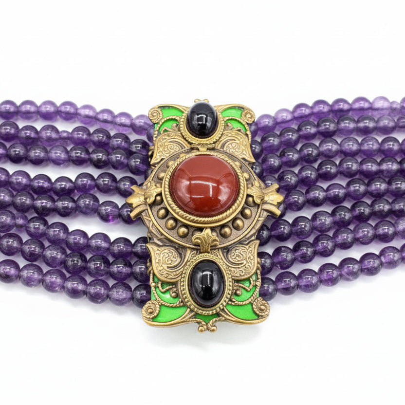 Victorian Revival Eight-Strand Amethyst Bracelet with Repurposed Antique Medallion