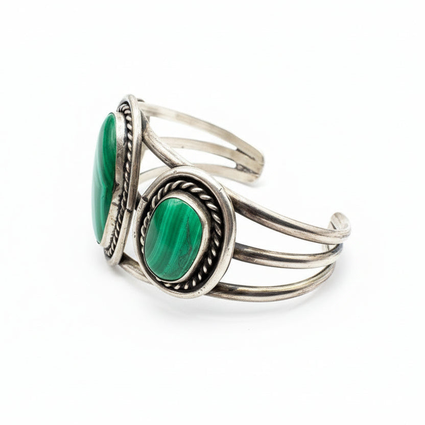 1970s Sterling Silver Three-Band Cuff with Malachite Stones