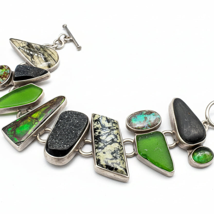 Echo of the Dreamers Multi-Stone Sterling Chain Bracelet with Vivianite, Dendrite, Ammolite, Opal & Tourmalinated Quartz