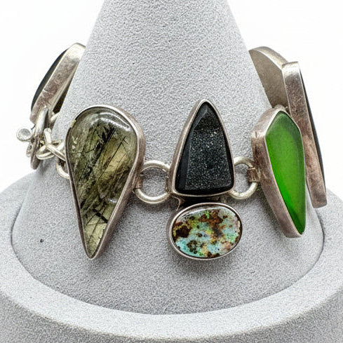 Echo of the Dreamers Multi-Stone Sterling Chain Bracelet with Vivianite, Dendrite, Ammolite, Opal & Tourmalinated Quartz