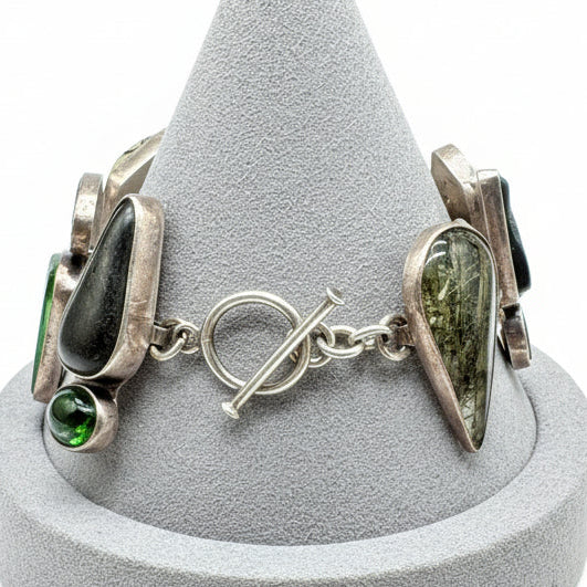 Echo of the Dreamers Multi-Stone Sterling Chain Bracelet with Vivianite, Dendrite, Ammolite, Opal & Tourmalinated Quartz