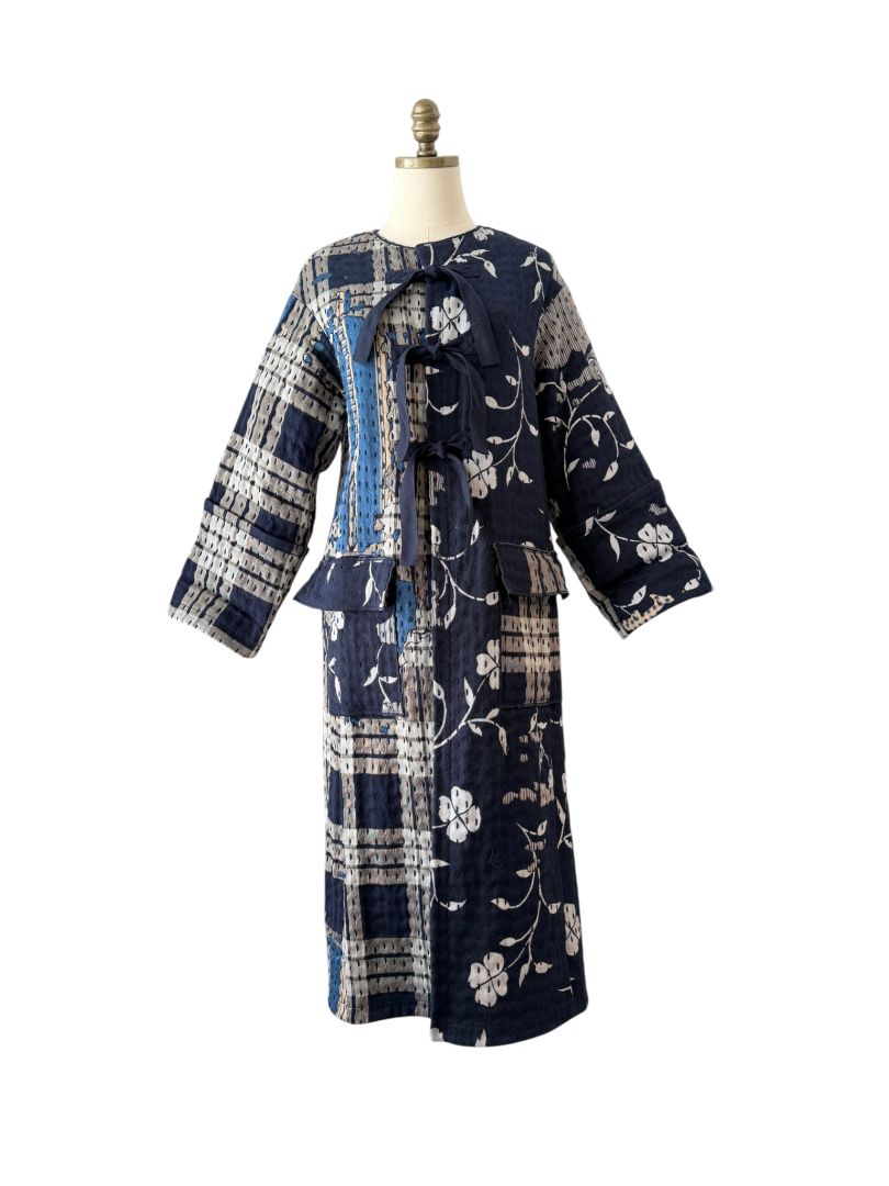 Indigo Boro Style Full-Length Puffer Coat with Chest Ties