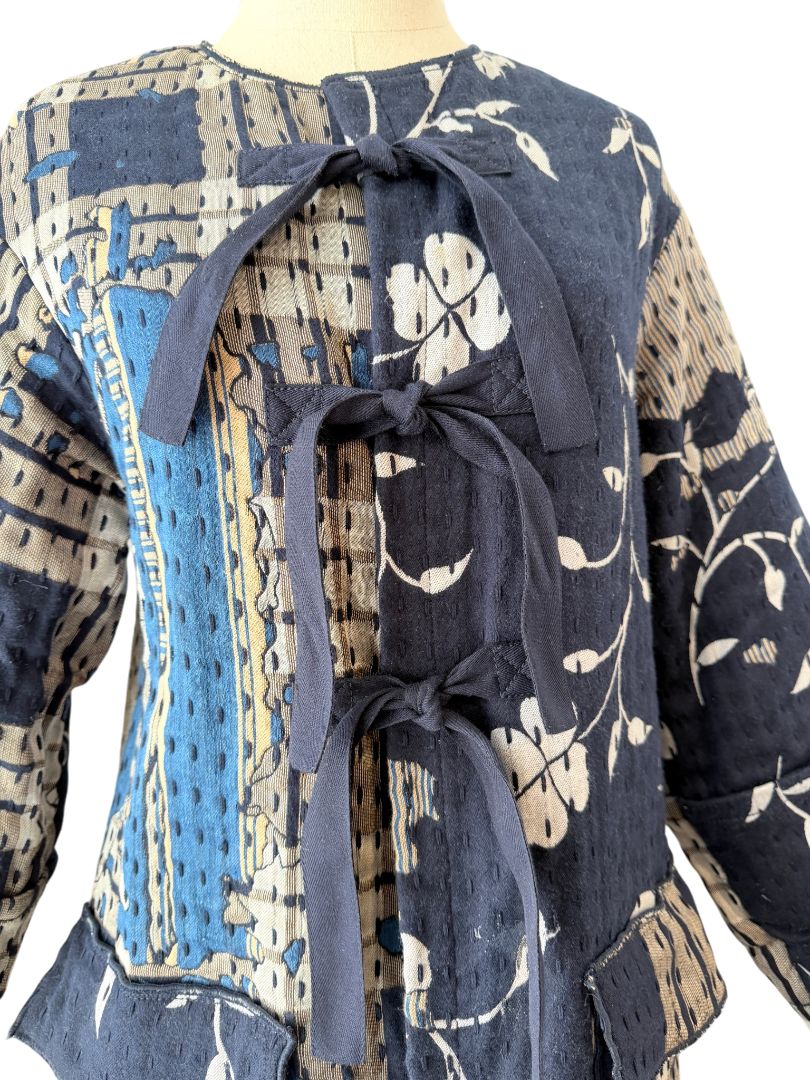 Indigo Boro Style Full-Length Puffer Coat with Chest Ties