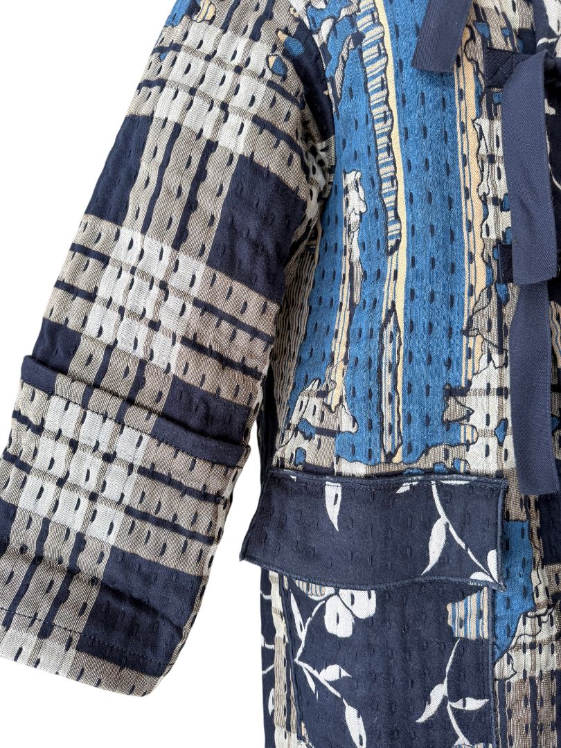 Indigo Boro Style Full-Length Puffer Coat with Chest Ties