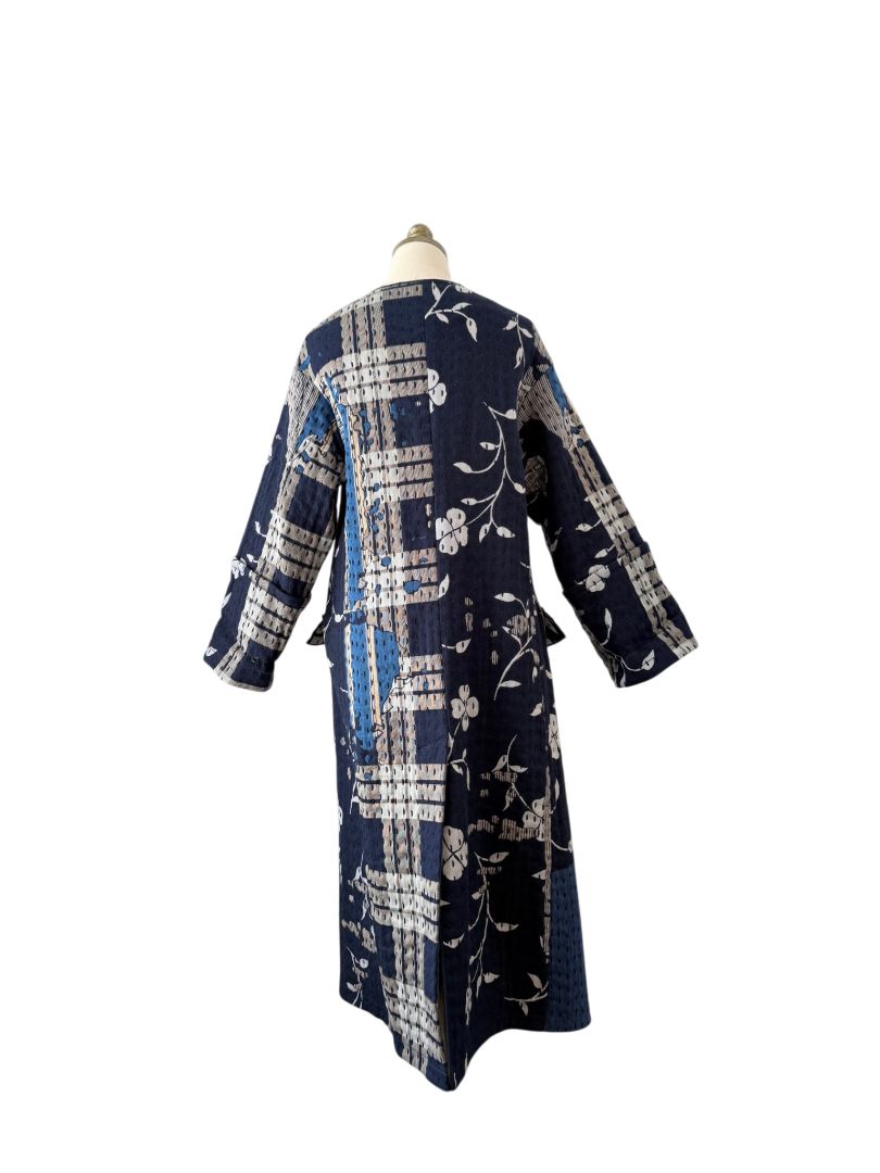 Indigo Boro Style Full-Length Puffer Coat with Chest Ties