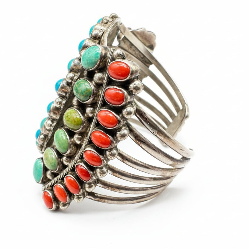 Kathleen Chavez 925 Sterling Turquoise & Coral Navajo Cuff Bracelet