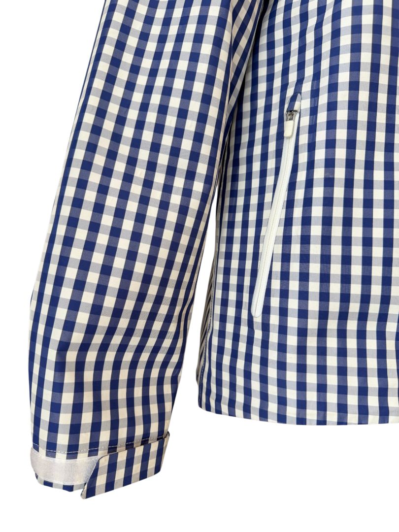 Classic Gingham Hooded Rain Jacket with Sport Stripe by Tory Burch
