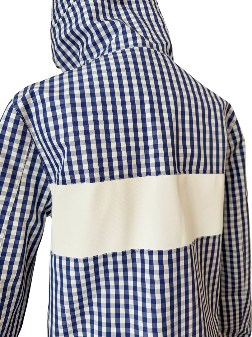 Classic Gingham Hooded Rain Jacket with Sport Stripe by Tory Burch
