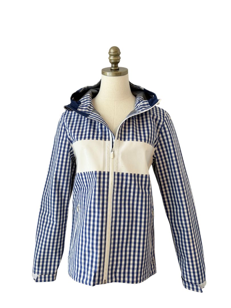 Classic Gingham Hooded Rain Jacket with Sport Stripe by Tory Burch