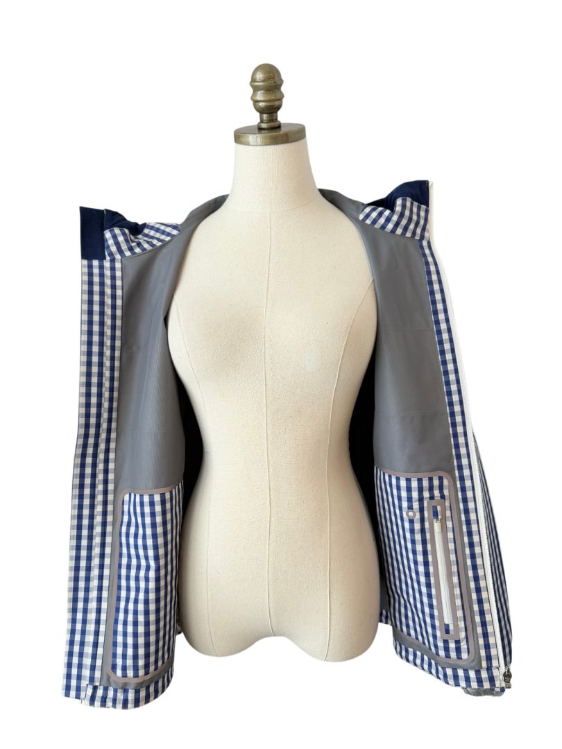 Classic Gingham Hooded Rain Jacket with Sport Stripe by Tory Burch