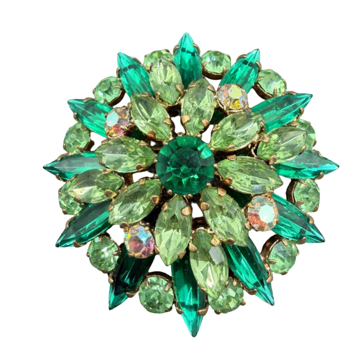 1950s Green Rhinestone Tiered Cluster Statement Brooch