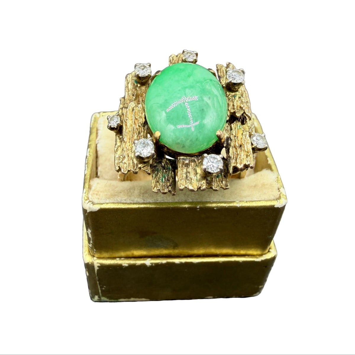 1960s 14K Gold Brutalist Bark-Textured Jade & Diamond Cocktail Ring