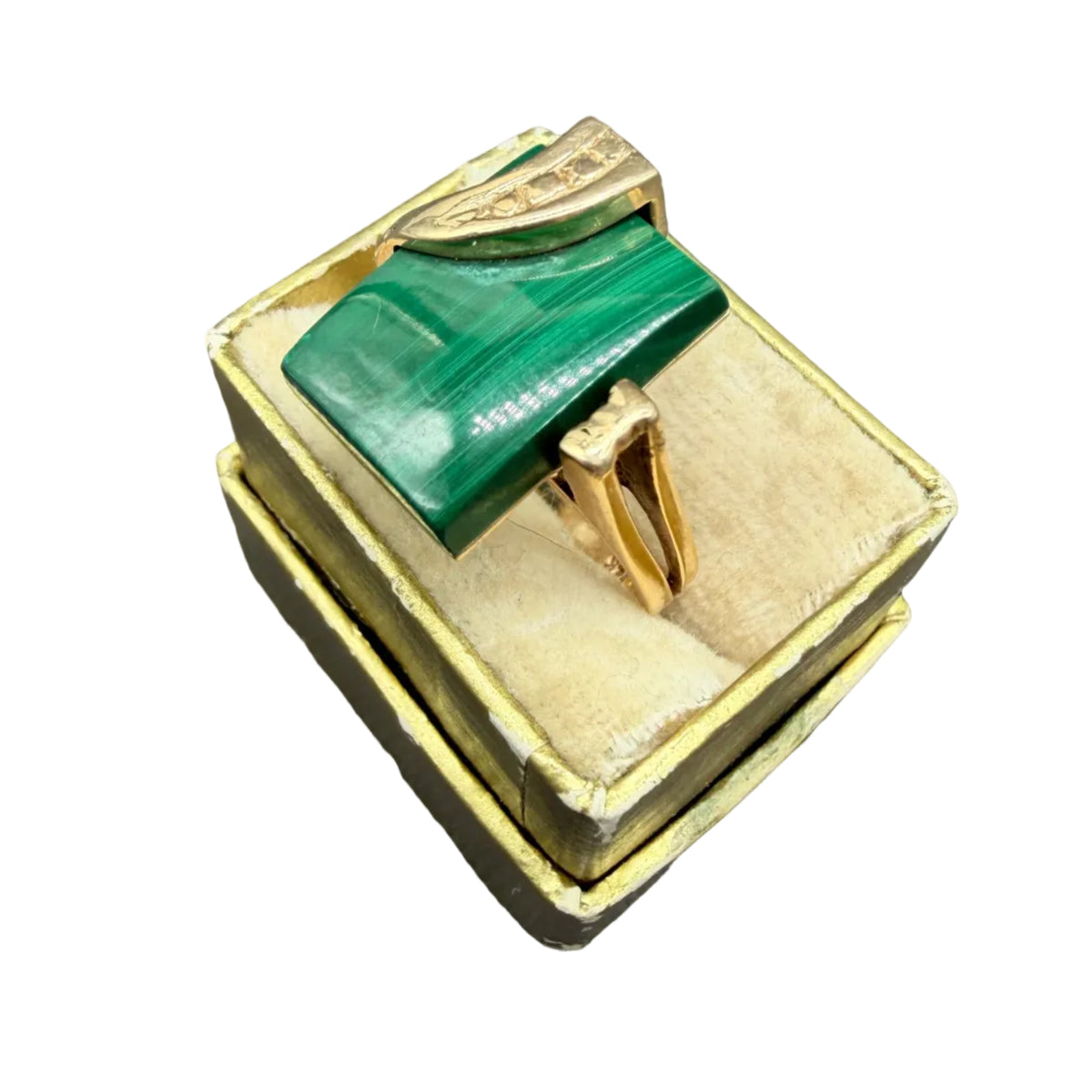 Art Deco 14K Gold Malachite Ring with Sculptural Corner Details