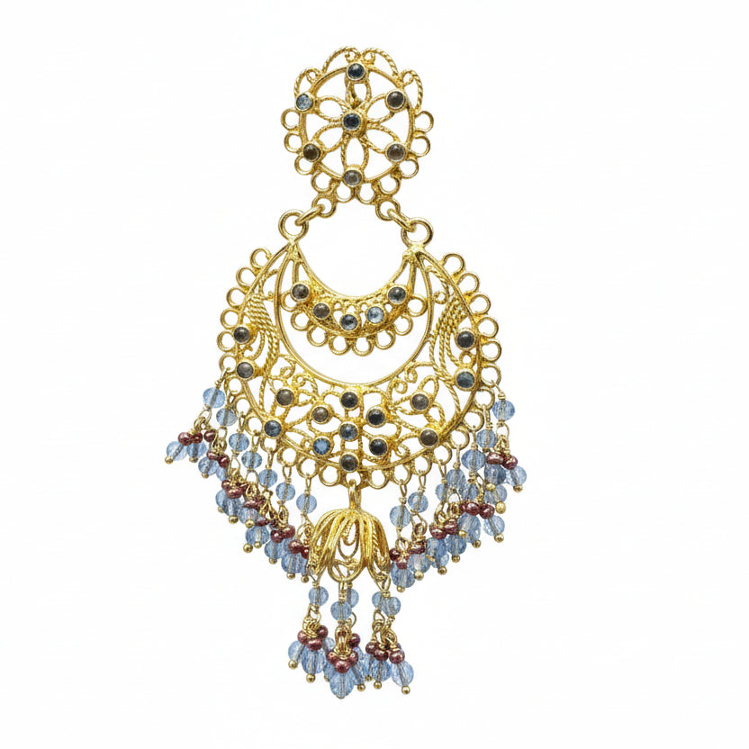 Gold-Tone Jhumka Turkish Earrings with Pale Blue Glass Beads