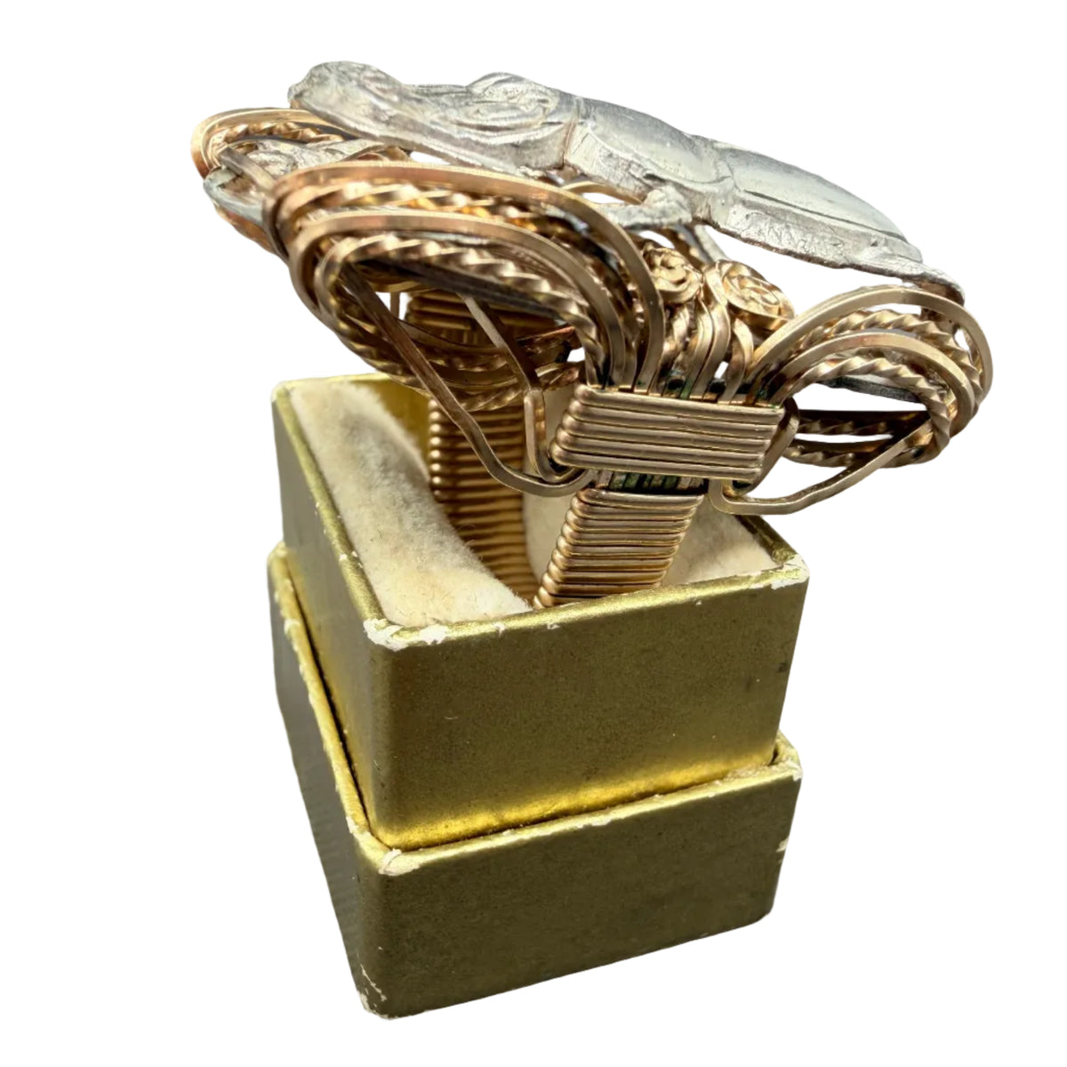 RARE 1960s 12K Gold Wire-Wrapped Ring with Sterling Silver Scarab & Hieroglyphic Panel