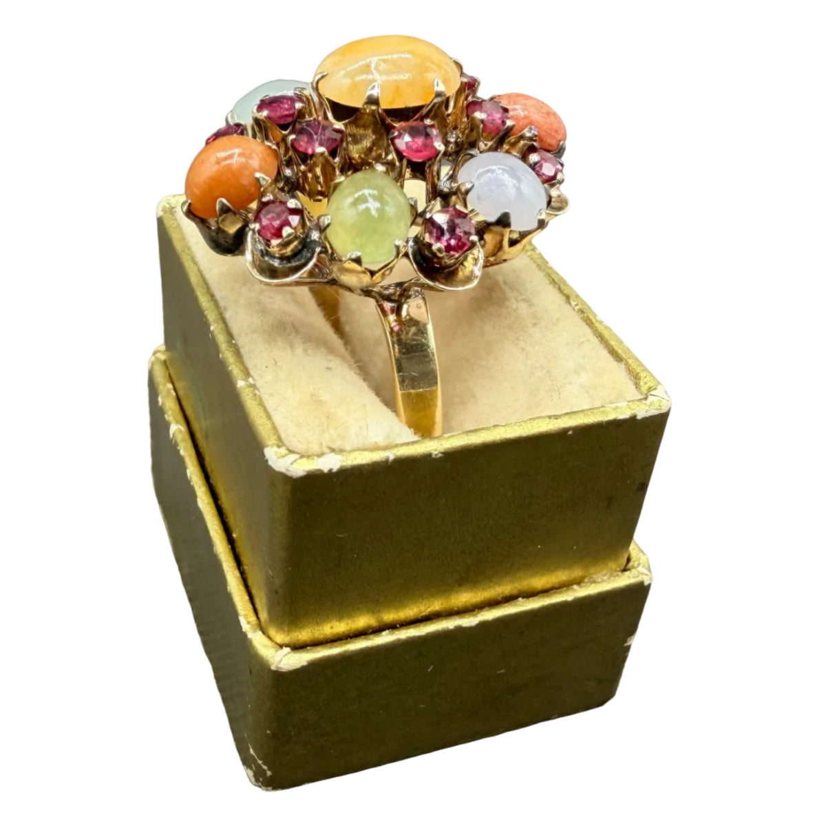 Antique 18K Gold Jade & Ruby Cluster Cocktail Ring