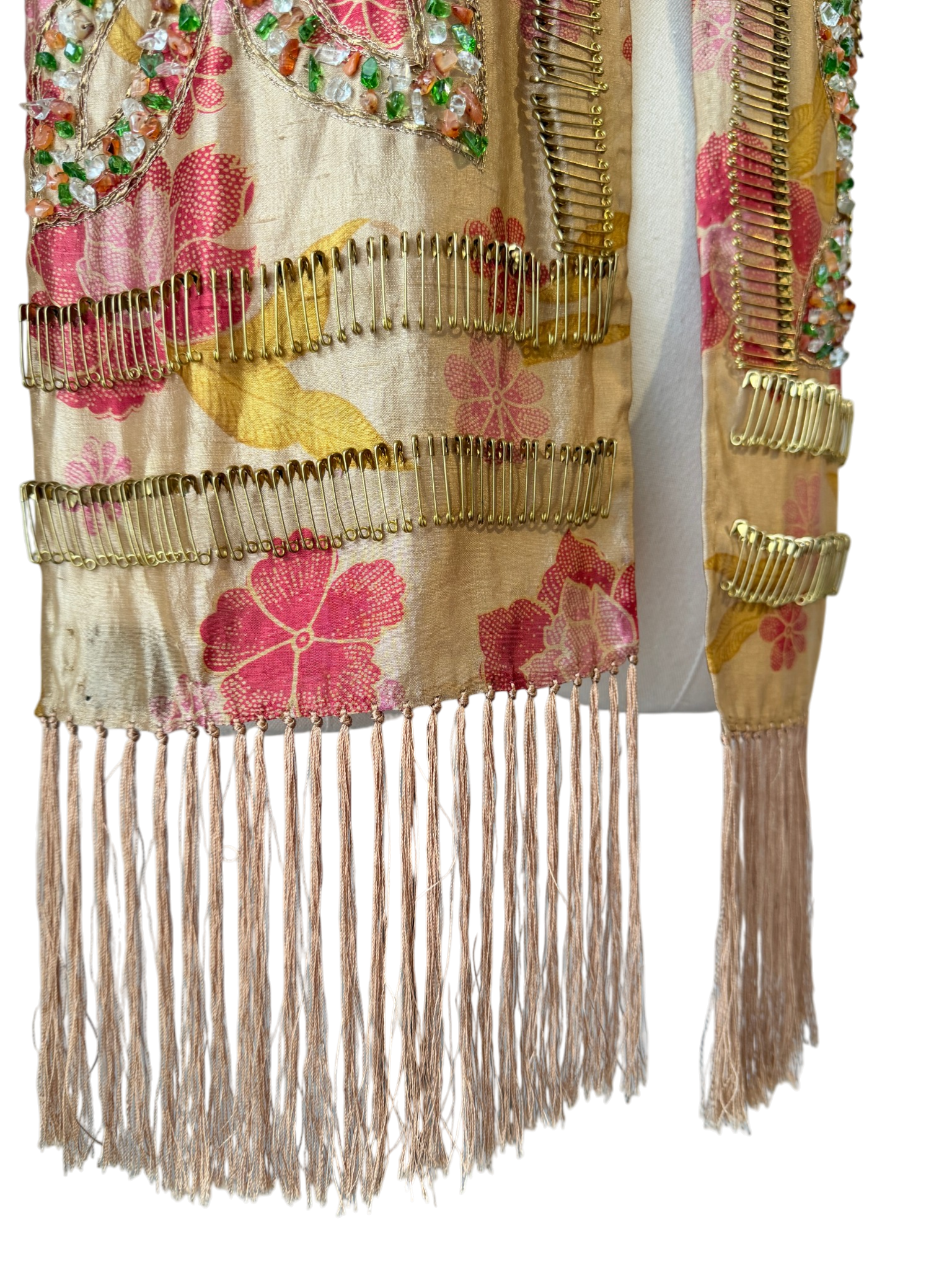 Dries Van Noten sheer silk scarf with ornate embelishment of brass safety pins and crystals