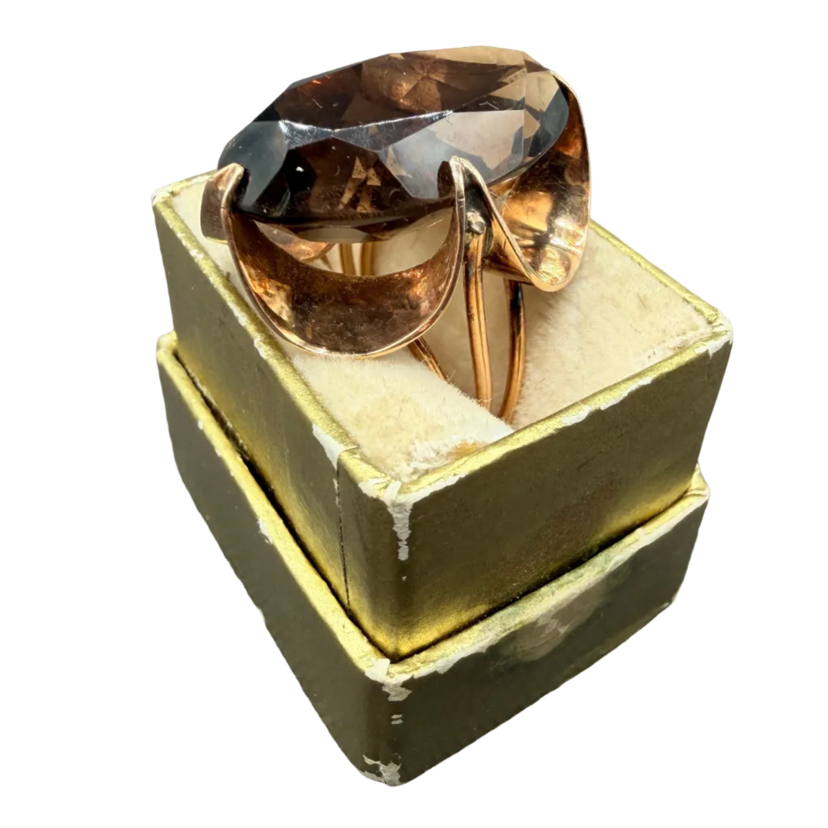 Art Deco 14K Gold Scalloped Openwork Ring with a Smokey Quartz