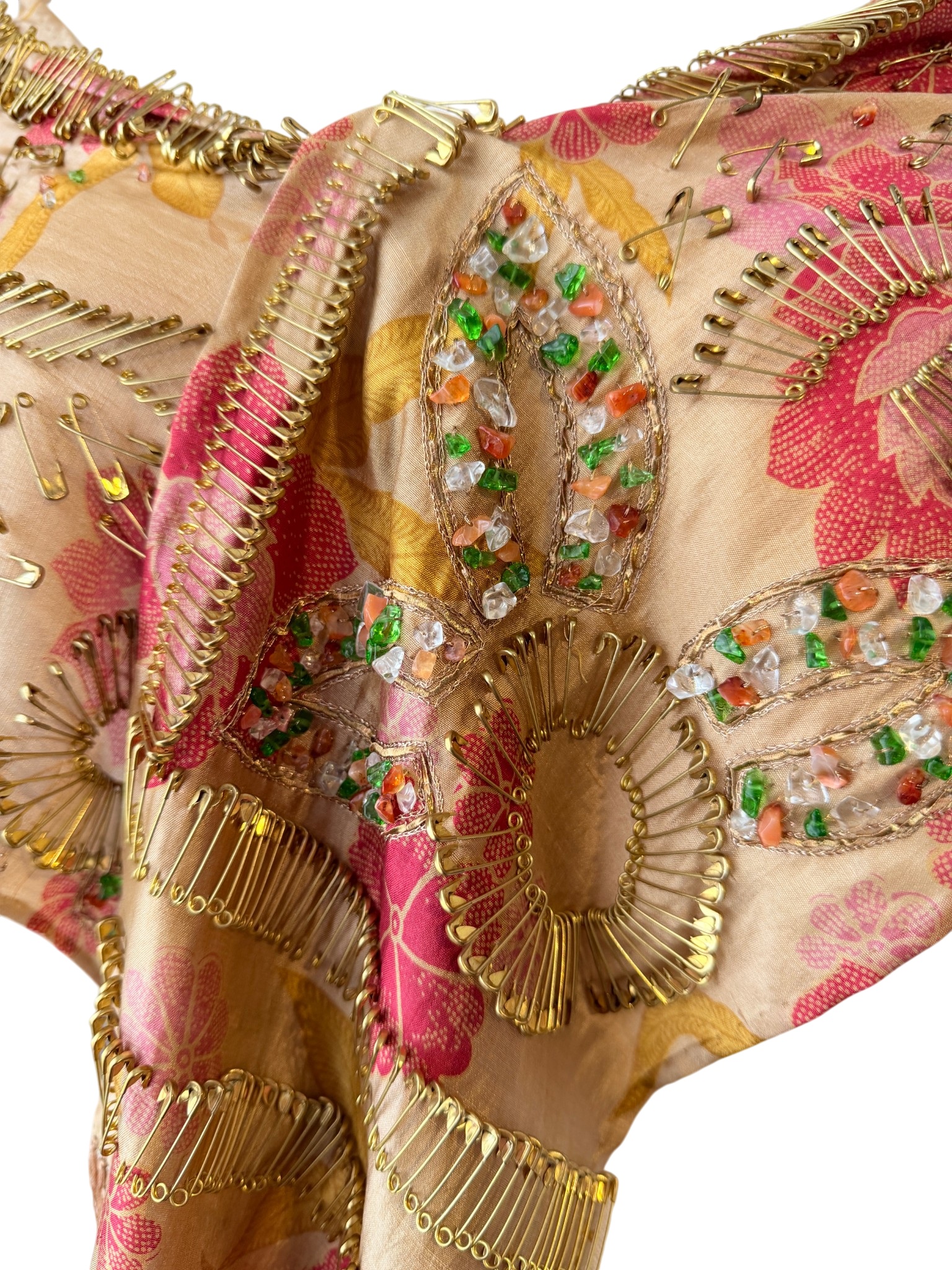 Dries Van Noten sheer silk scarf with ornate embelishment of brass safety pins and crystals