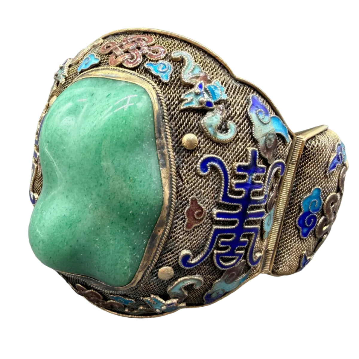 1930s Sterling Silver Fine Mesh Asian Hinged Cuff with Enamel & Jade