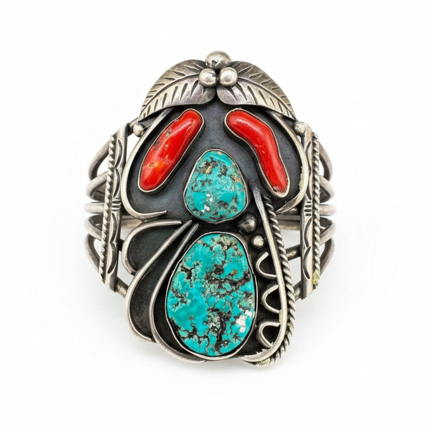 1970s Sterling Navajo Turquoise & Coral Cuff with Leaf Motif & 5-Wire Band