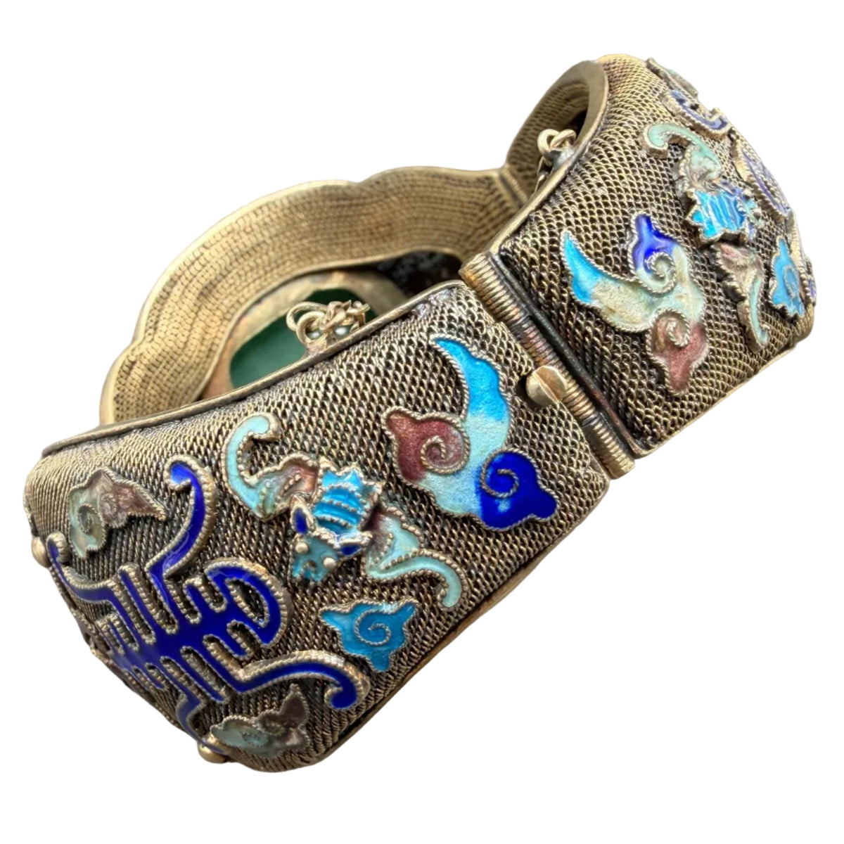 1930s Sterling Silver Fine Mesh Asian Hinged Cuff with Enamel & Jade