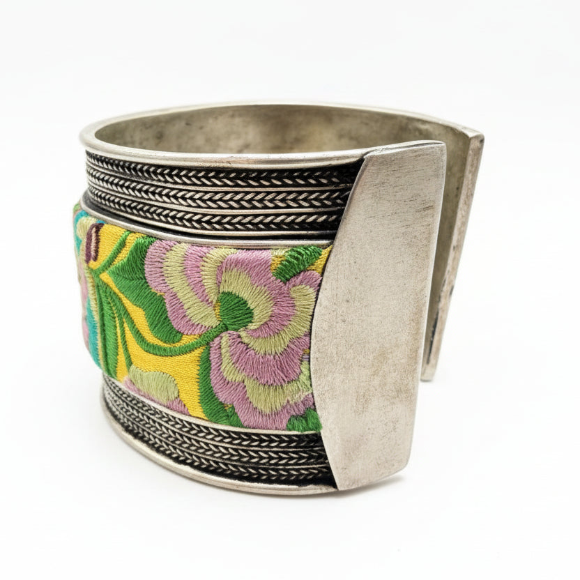 Silver-Tone Cuff Bracelet with Braided Band & Hand-Embroidered Silk Inset