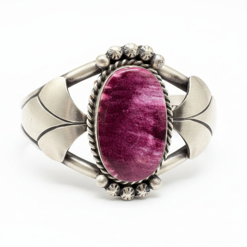 Auggie L Sterling Cuff with Rope Sides, Leaf Motif & Center Rhodochrosite Stone