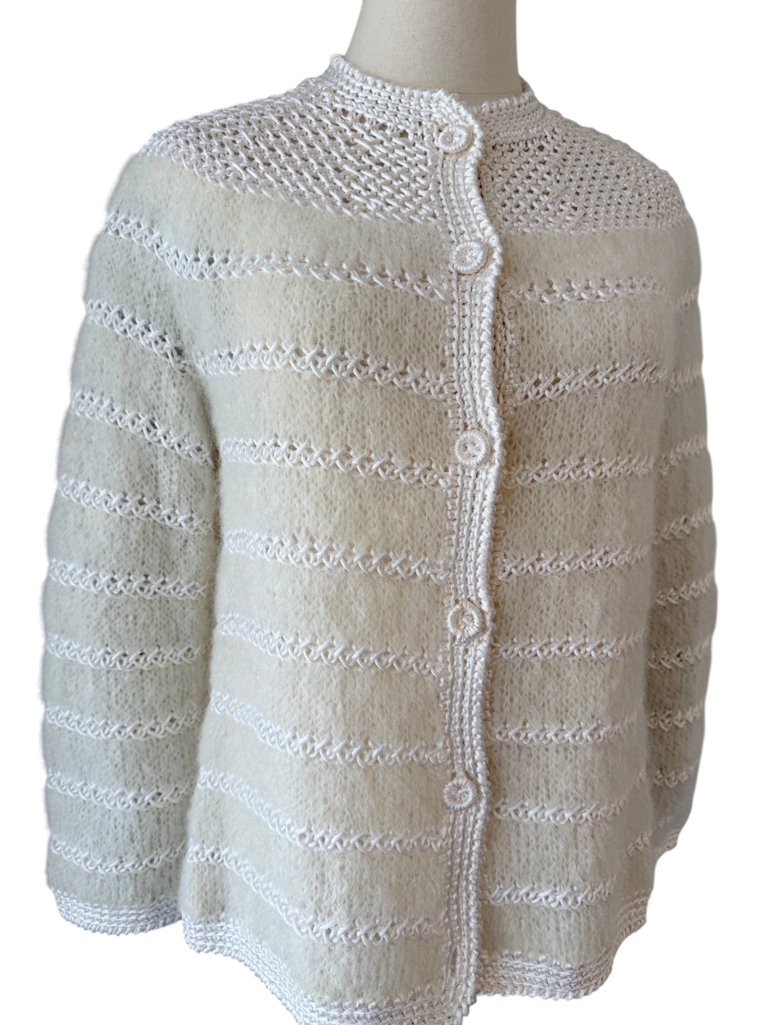 1950s Anastasia of Tasi Ivory Mohair & Ribbon Crocheted Cardigan