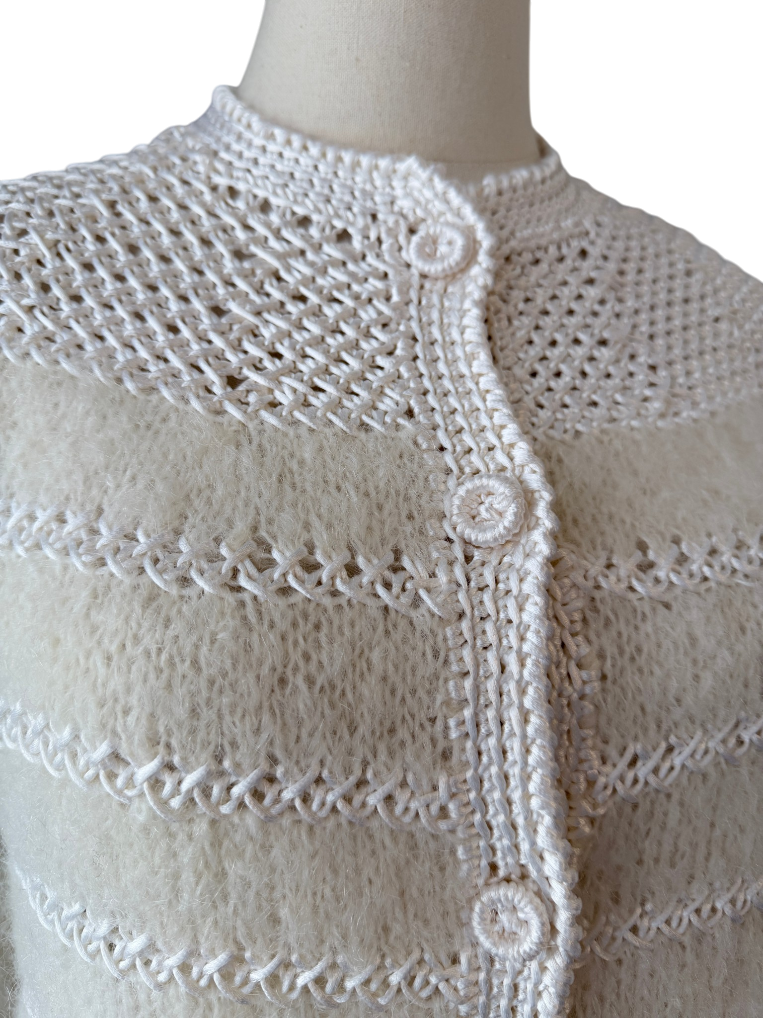 1950s Anastasia of Tasi Ivory Mohair & Ribbon Crocheted Cardigan
