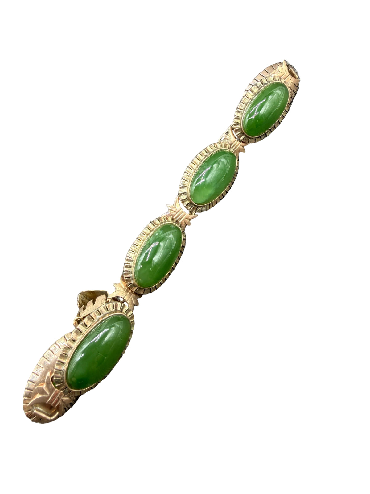 Art Deco 14K Gold Oval Link Bracelet with Jade Cabochons