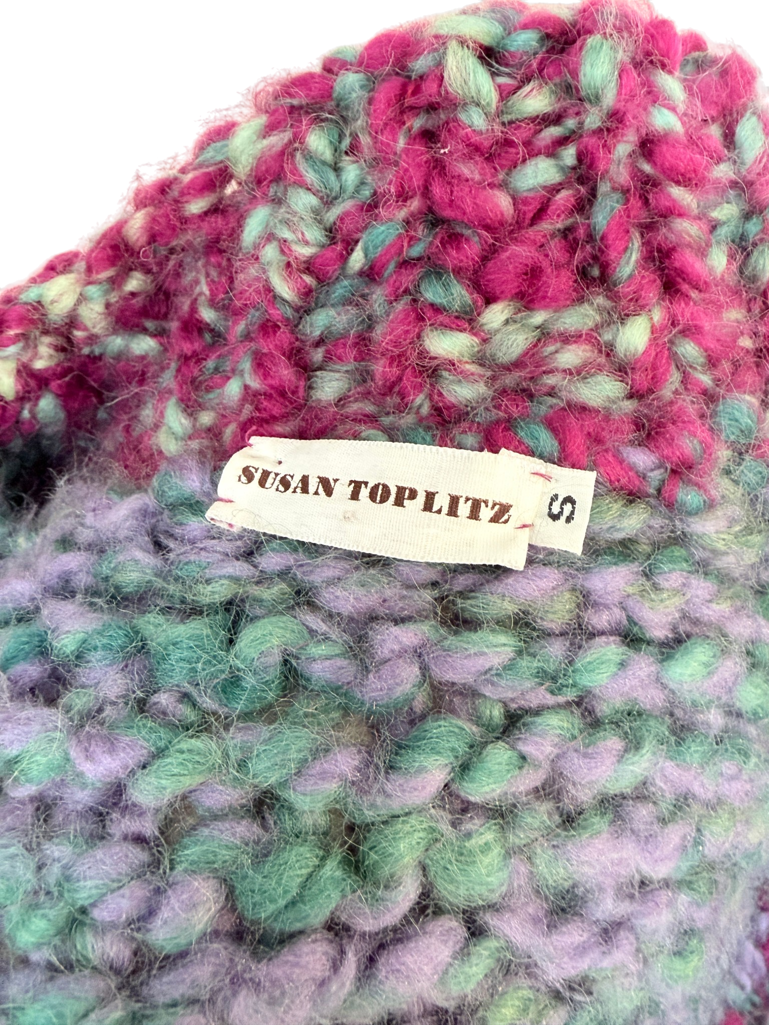 1970s Susan Toplitz Chunky Wool Button-Front Sweater with Woven Ribbon Detail