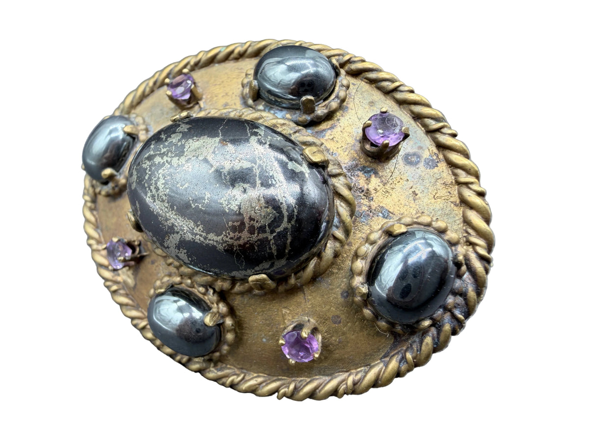 1960s Brass Statement Ring with Healer’s Gold, Hematite & Amethyst