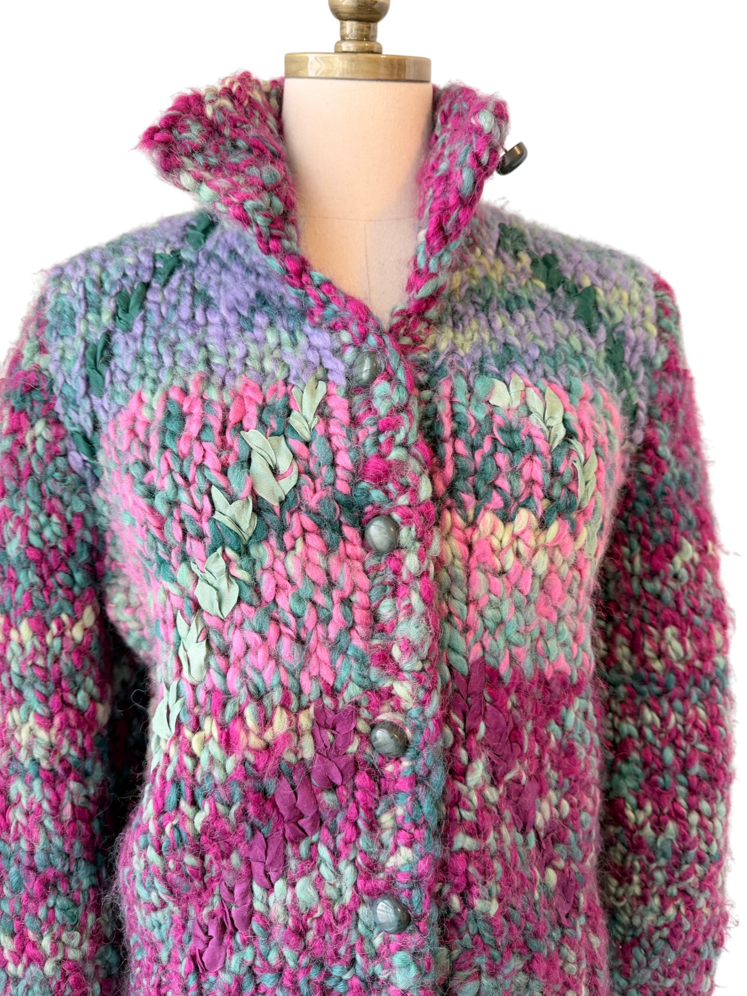 1970s Susan Toplitz Chunky Wool Button-Front Sweater with Woven Ribbon Detail