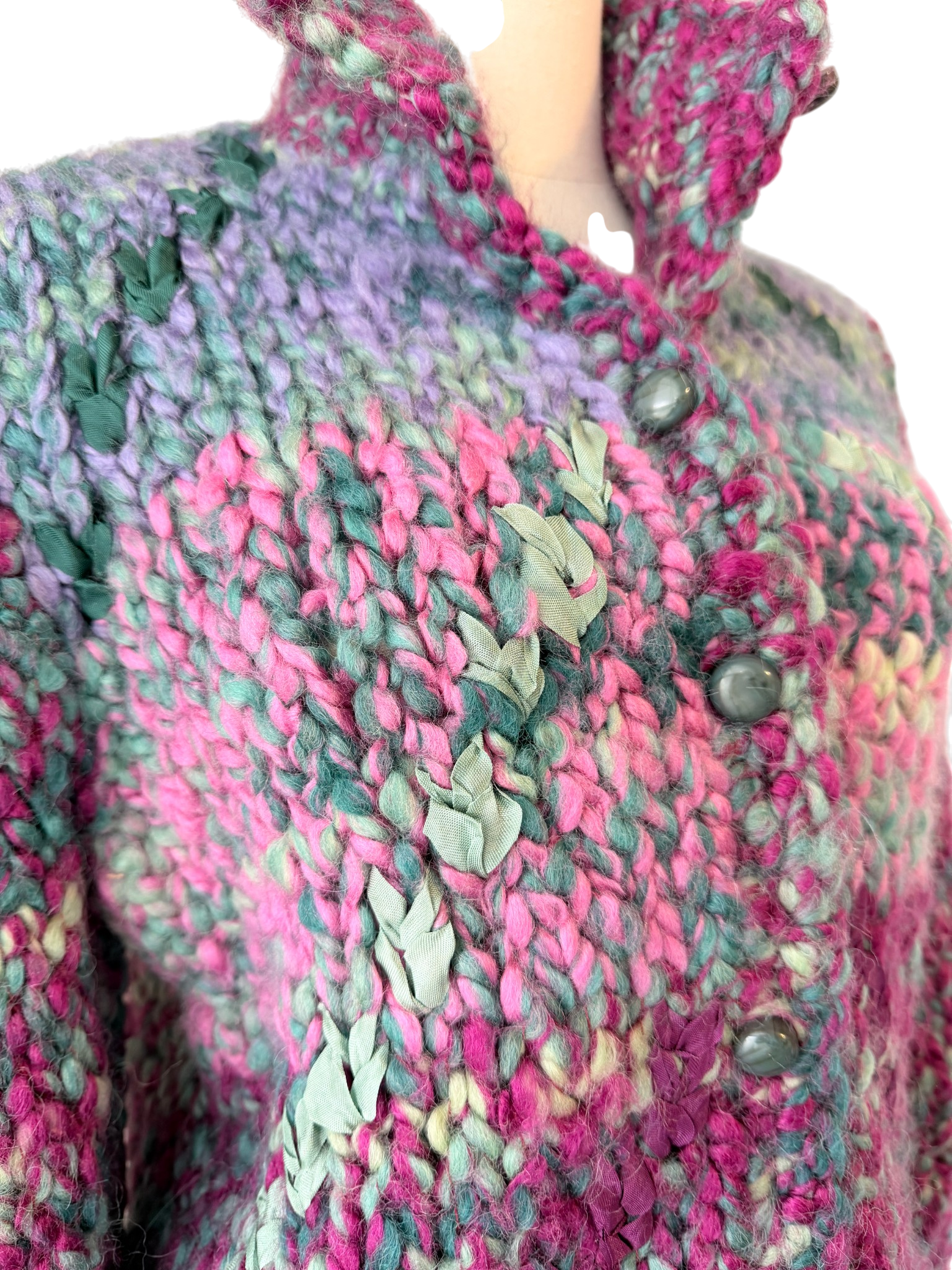 1970s Susan Toplitz Chunky Wool Button-Front Sweater with Woven Ribbon Detail