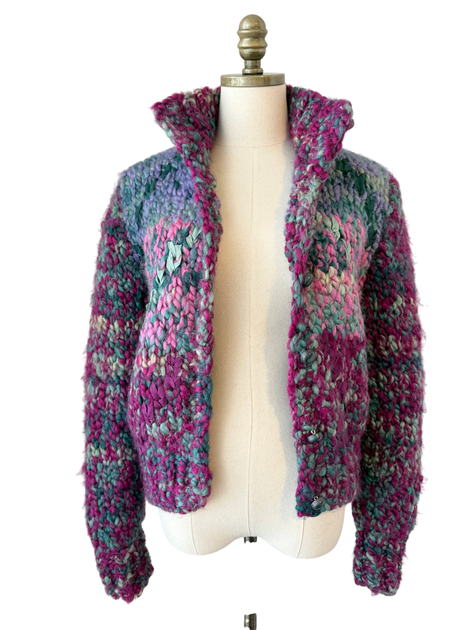 1970s Susan Toplitz Chunky Wool Button-Front Sweater with Woven Ribbon Detail