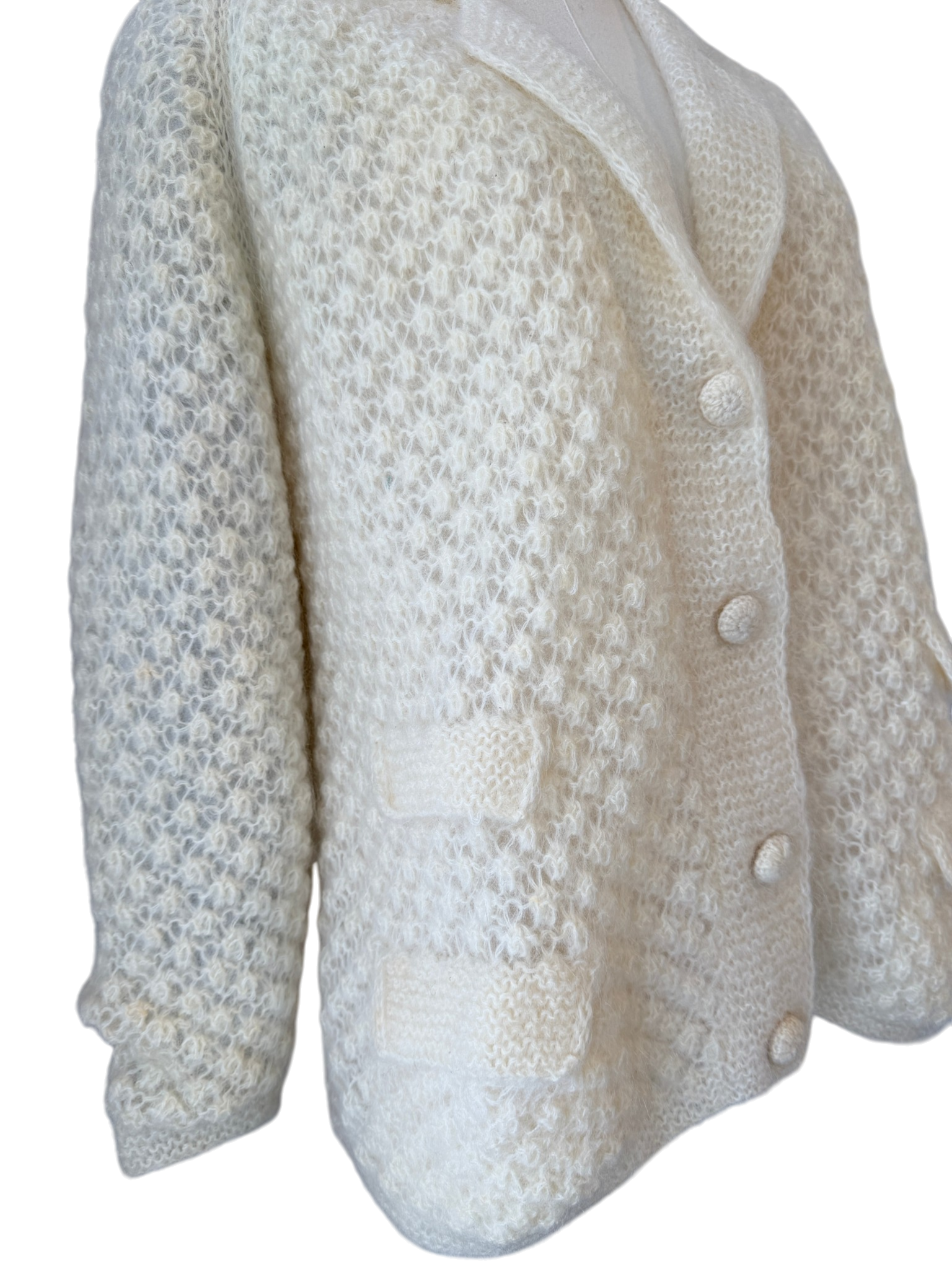 1950s Made in Hong Kong Mohair & Wool Knit Lined Button-Front Cardigan with Collar