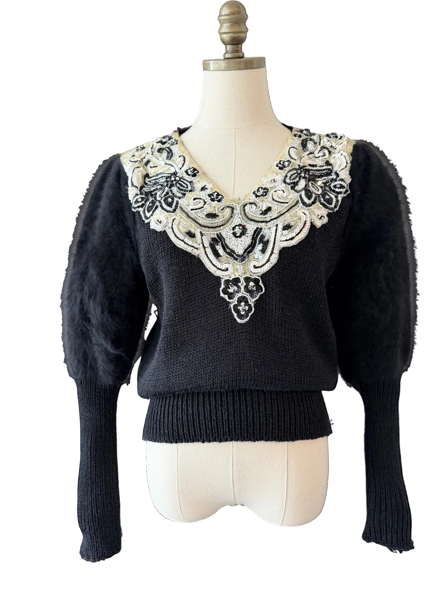 1980s Sideffects Black V-Neck Sweater with Beaded Appliqué Neckline and Angora Sleeves