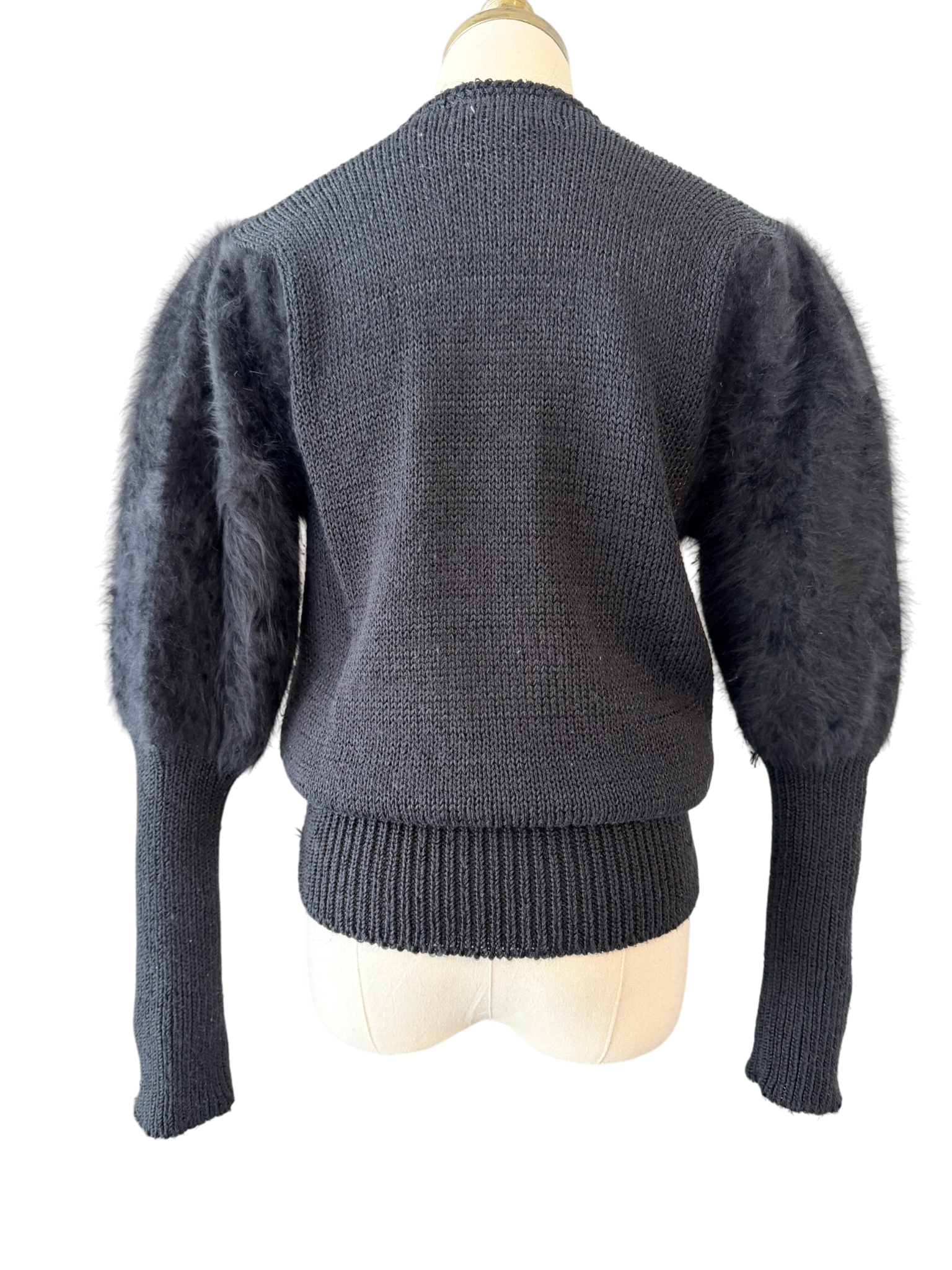 1980s Sideffects Black V-Neck Sweater with Beaded Appliqué Neckline and Angora Sleeves