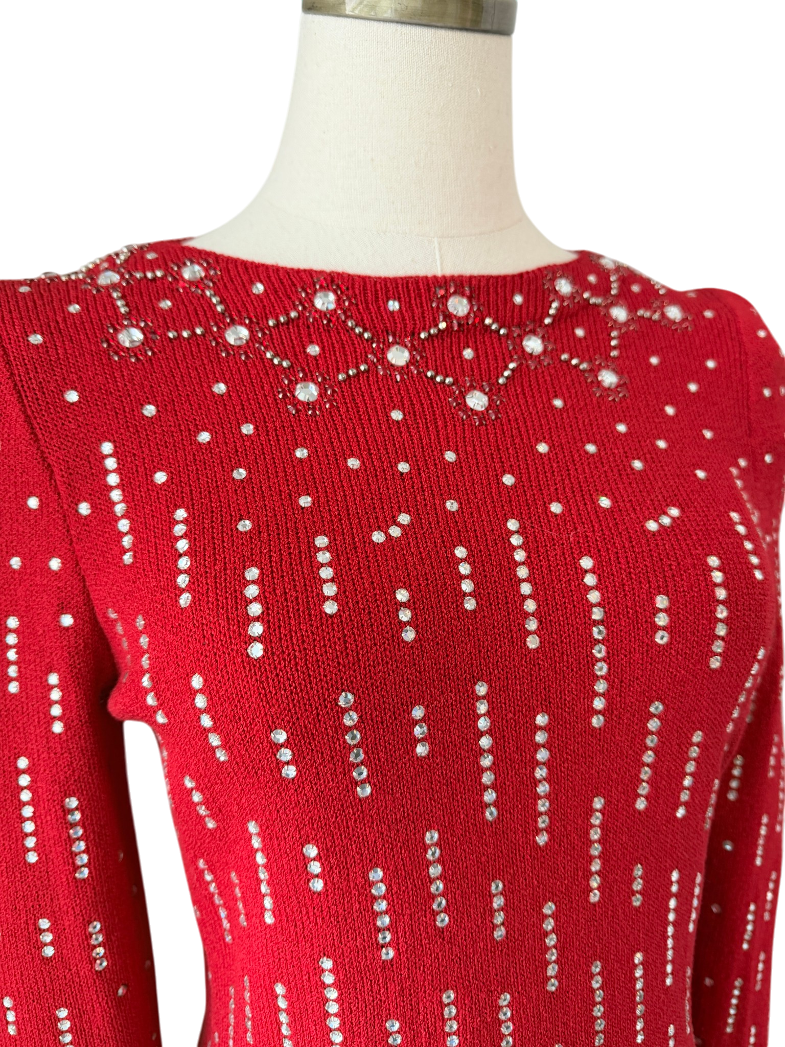 1960s Adolfo Knit Back-Zip Sweater with Rhinestone Studded Detail