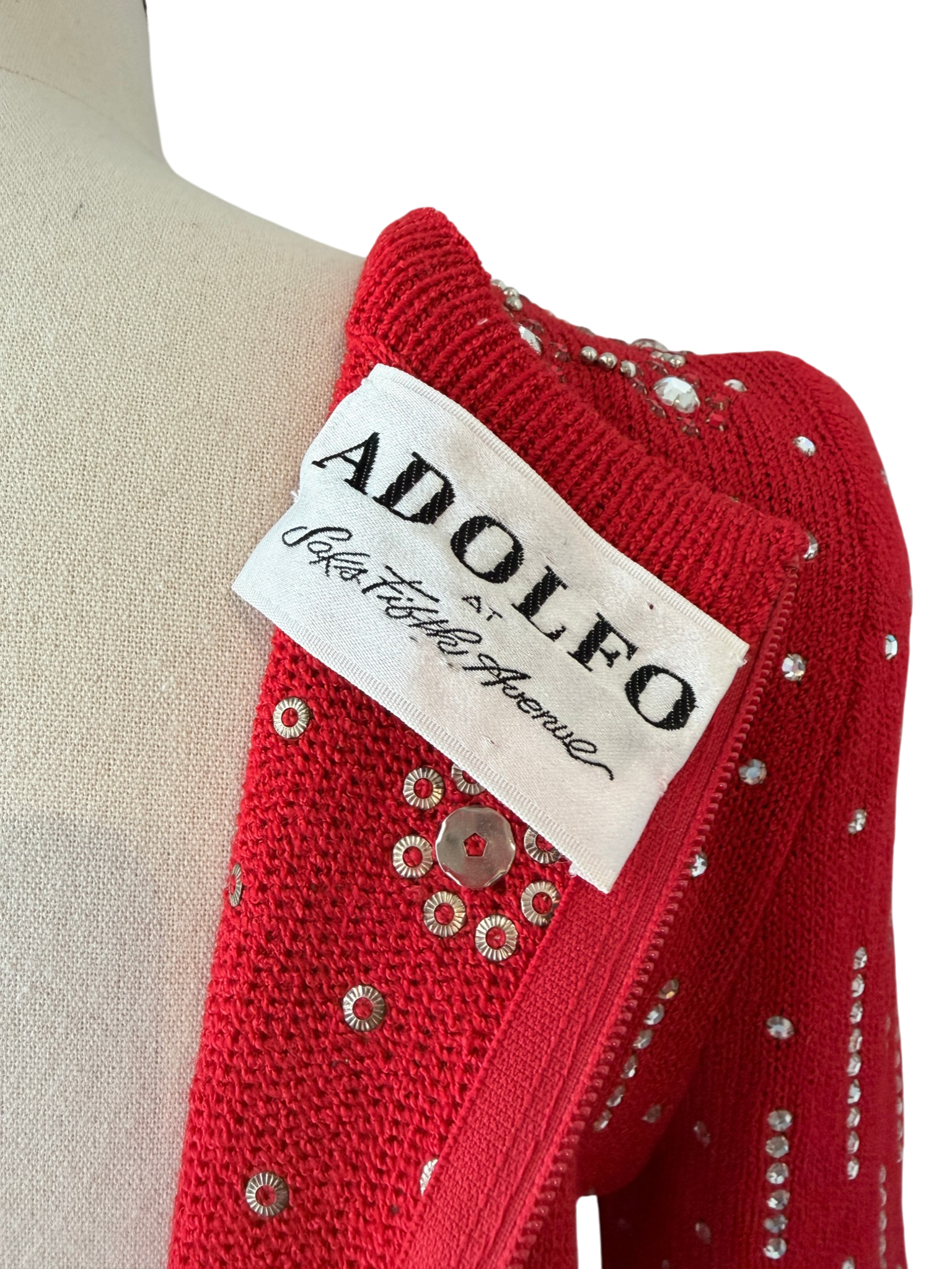 1960s Adolfo Knit Back-Zip Sweater with Rhinestone Studded Detail