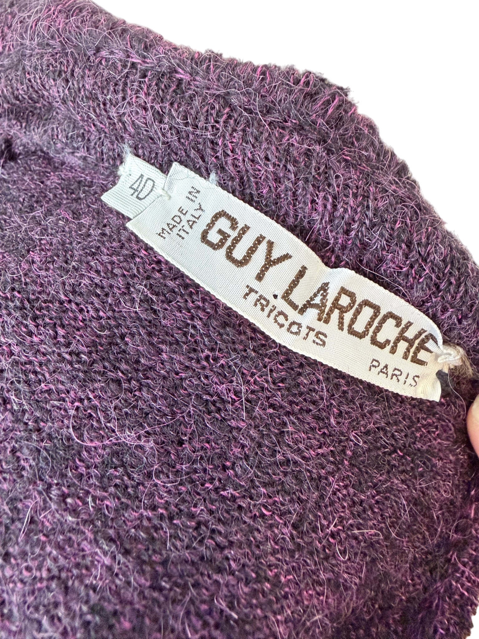 1970s Guy Laroche Magenta & Black Sweater with Ruffle Collar