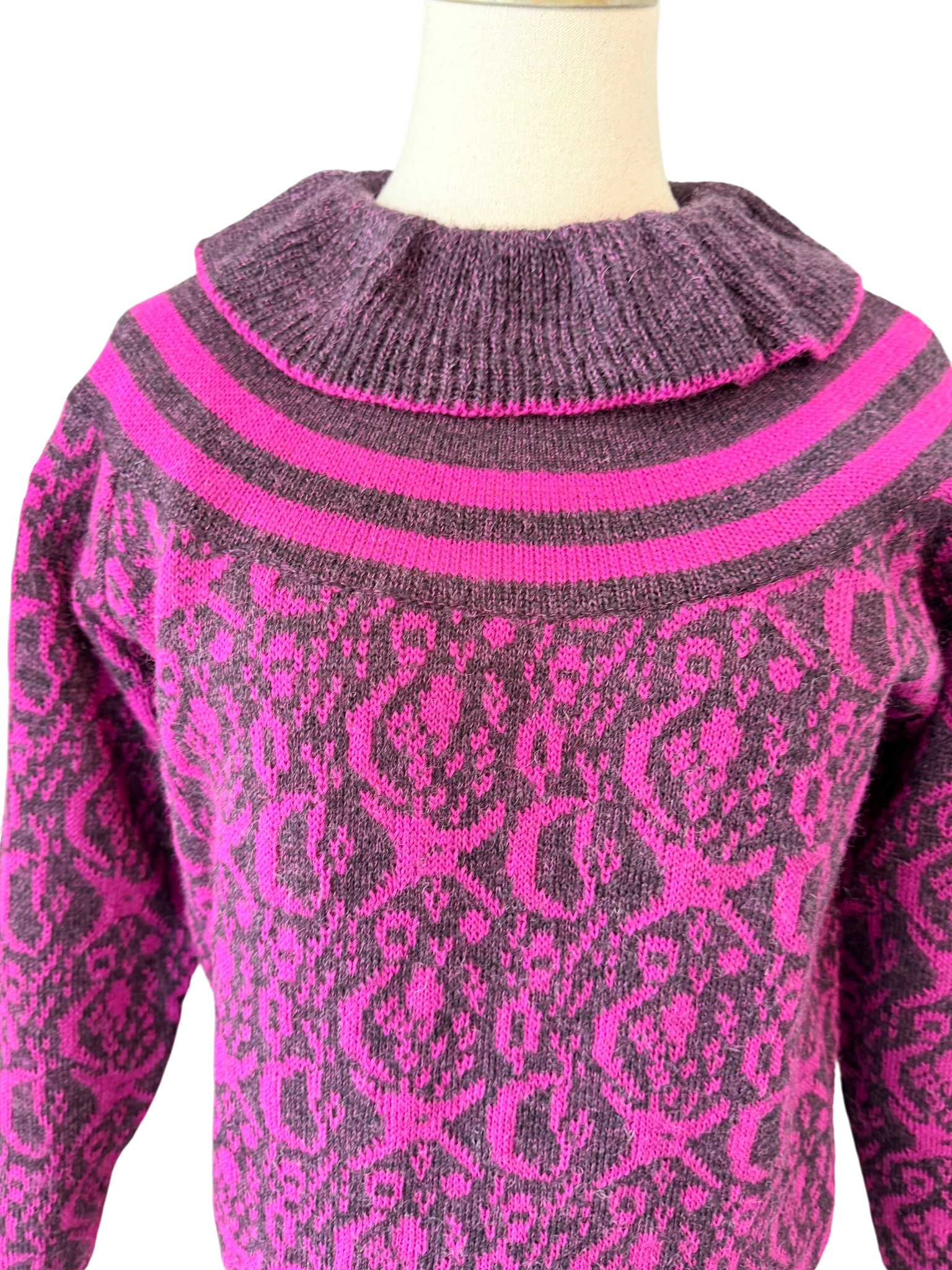 1970s Guy Laroche Magenta & Black Sweater with Ruffle Collar