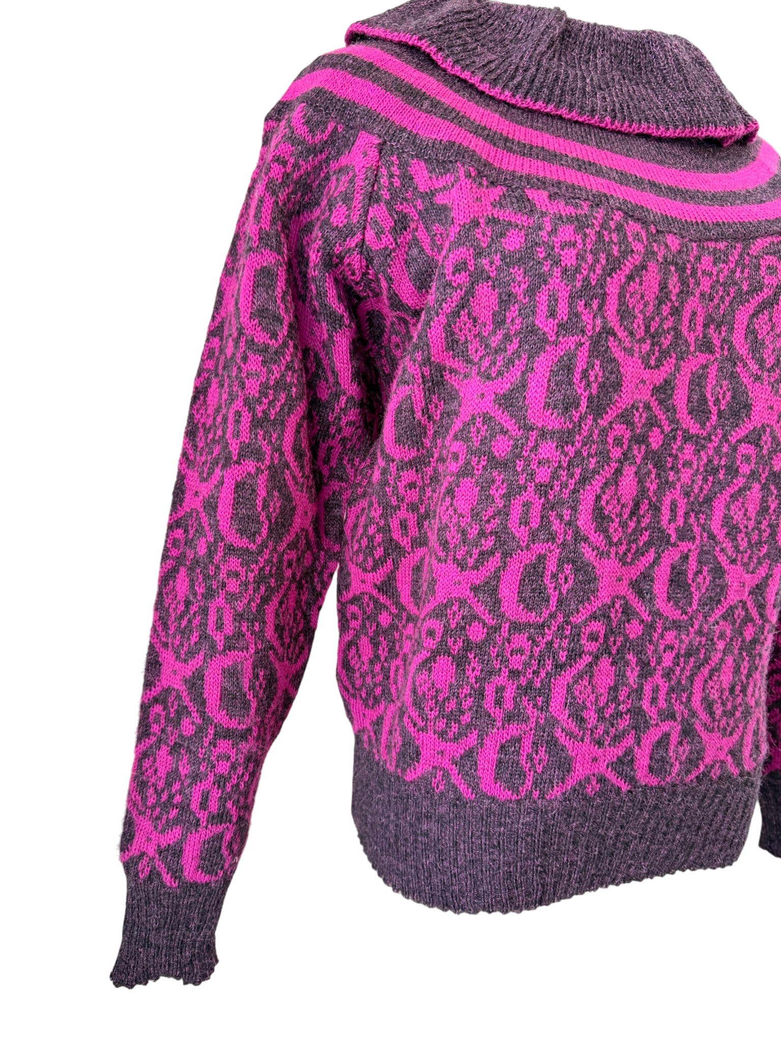 1970s Guy Laroche Magenta & Black Sweater with Ruffle Collar