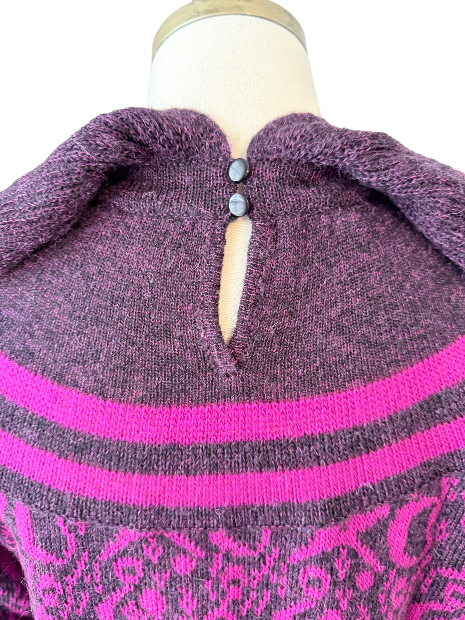 1970s Guy Laroche Magenta & Black Sweater with Ruffle Collar