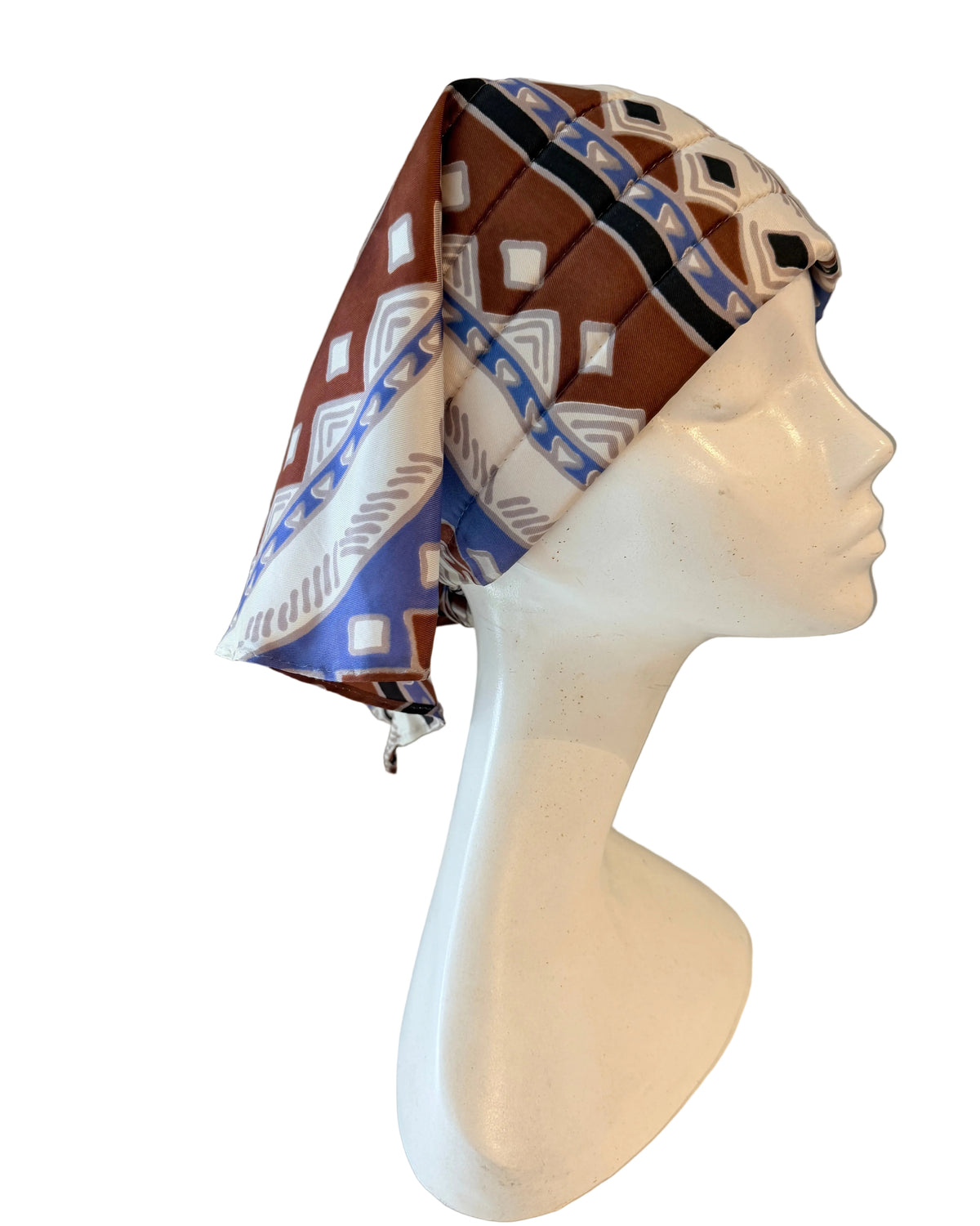 1960s Silk Geometric Print Quilted Face Head Wrap